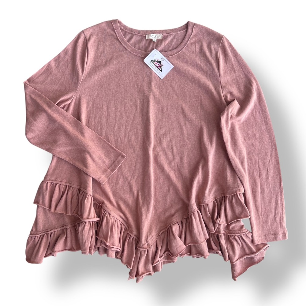 Easel Women's 1X Dusty Rose Long Sleeves Tiered Hem Sienna Ruffle Top Tunic Boho